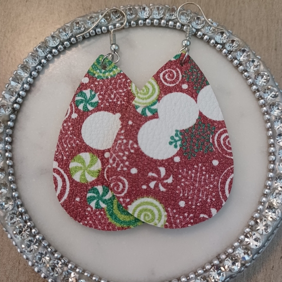 Burgundy Leather Teardrop Holiday Candy Ornaments Dangle Drop Earrings - Picture 5 of 5